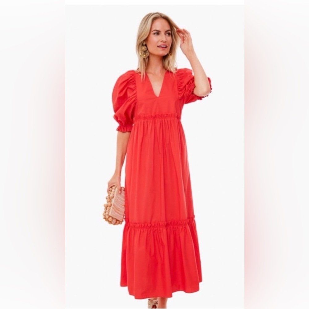 Hunter Bell Red Palmer Puff-Sleeve V-Neck Dress Medium EUC